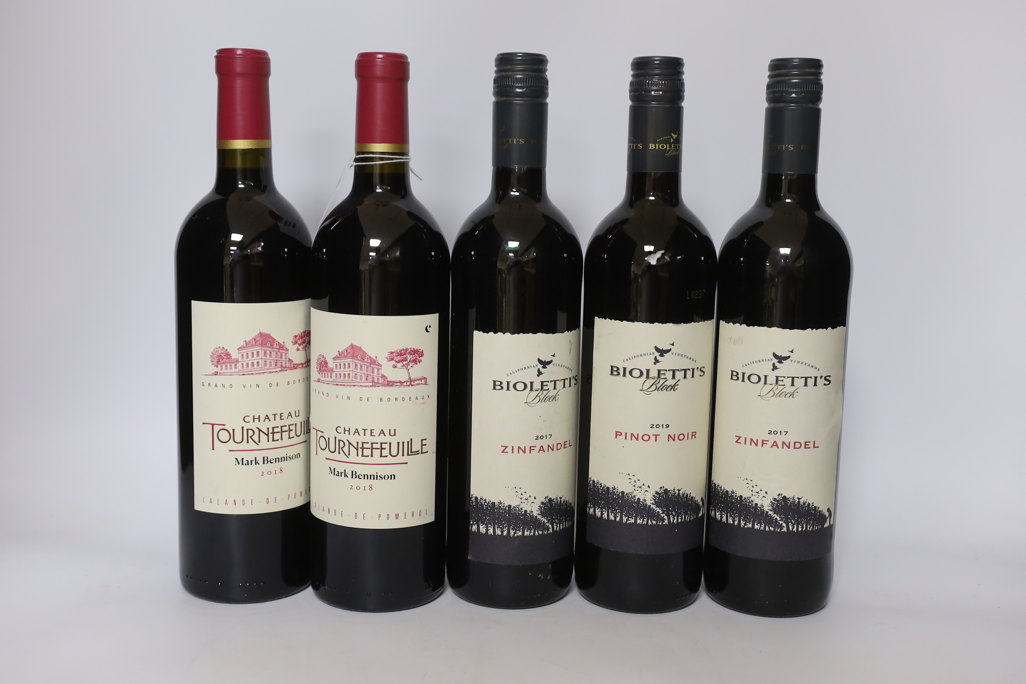Six bottles of Bioletti’s Block Zinfandel 2017 and six bottles of Chateau Tournefeuille 2018